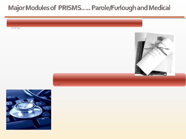 Major Modules of PRISMS…. . Parole/Furlough and Medical Parole and Furlough Management • •