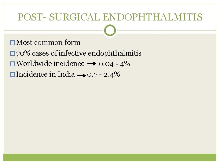 POST- SURGICAL ENDOPHTHALMITIS � Most common form � 70% cases of infective endophthalmitis �