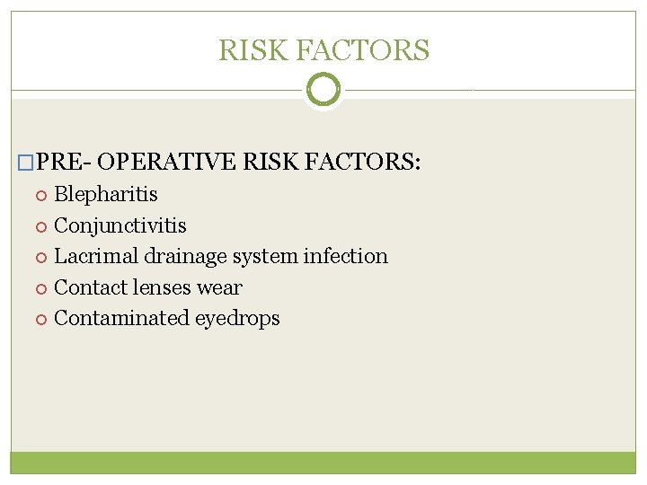 RISK FACTORS �PRE- OPERATIVE RISK FACTORS: Blepharitis Conjunctivitis Lacrimal drainage system infection Contact lenses