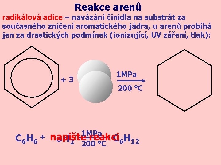 Reakce arenů radikálová adice – navázání činidla na substrát za současného zničení aromatického jádra,