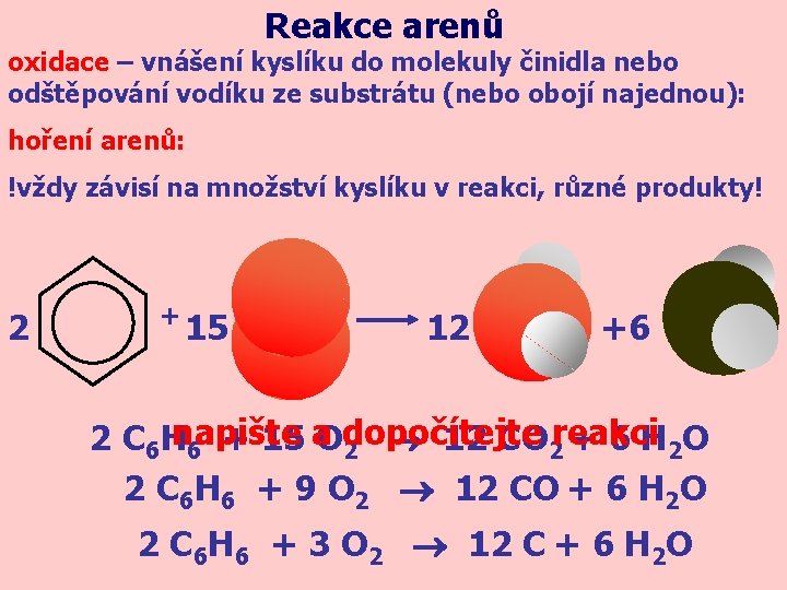 Reakce arenů oxidace – vnášení kyslíku do molekuly činidla nebo odštěpování vodíku ze substrátu