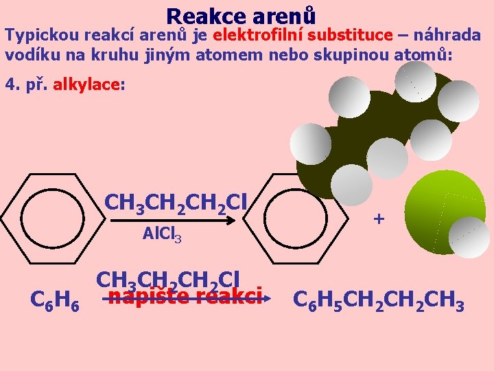 Reakce arenů Typickou reakcí arenů je elektrofilní substituce – náhrada vodíku na kruhu jiným