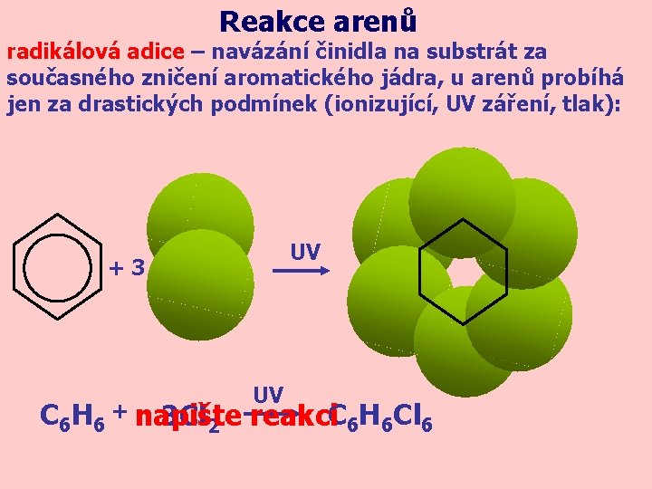 Reakce arenů radikálová adice – navázání činidla na substrát za současného zničení aromatického jádra,