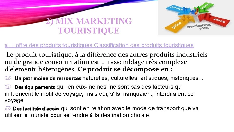 2) MIX MARKETING TOURISTIQUE a. L’offre des produits touristiques Classification des produits touristiques Le