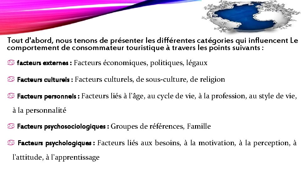 Tout d'abord, nous tenons de présenter les différentes catégories qui influencent Le comportement de