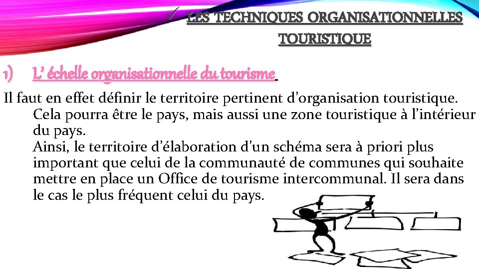 ü LES TECHNIQUES ORGANISATIONNELLES TOURISTIQUE 1) L’ échelle organisationnelle du tourisme Il faut en