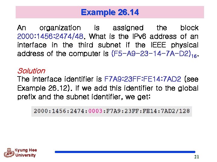 Example 26. 14 An organization is assigned the block 2000: 1456: 2474/48. What is