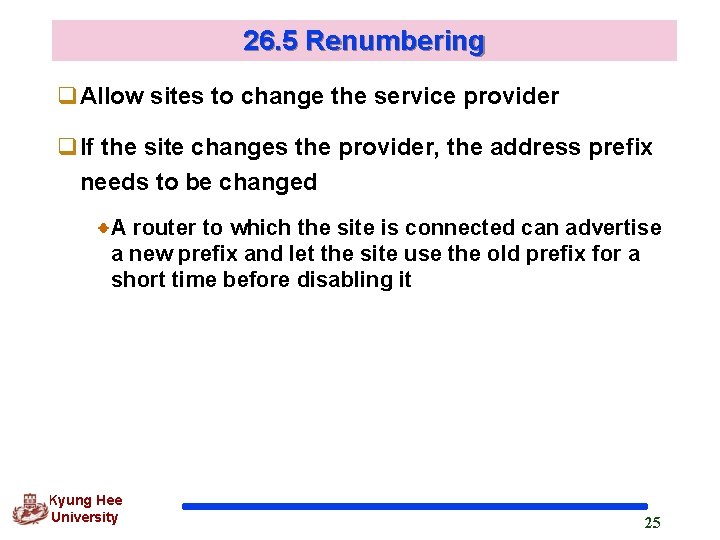 26. 5 Renumbering q. Allow sites to change the service provider q. If the