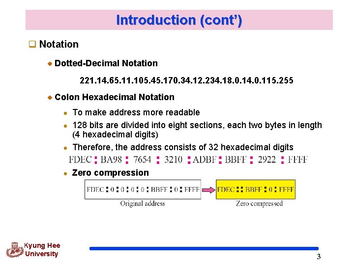 Introduction (cont’) q Notation Dotted-Decimal Notation 221. 14. 65. 11. 105. 45. 170. 34.