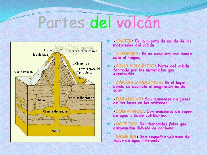 Partes del volcán -CRÁTER: Es la puerta de salida de los materiales del volcán.