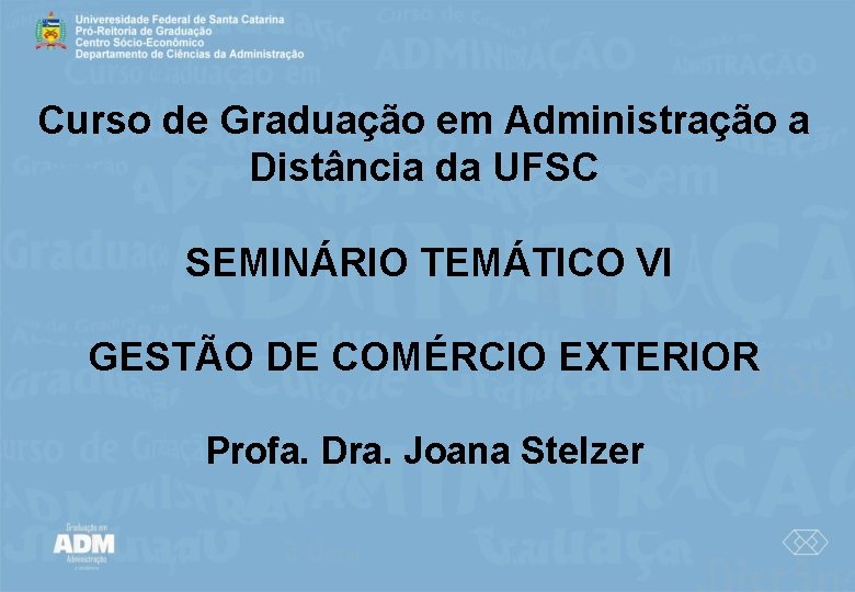 Curso de Graduação em Administração a Distância da UFSC SEMINÁRIO TEMÁTICO VI GESTÃO DE