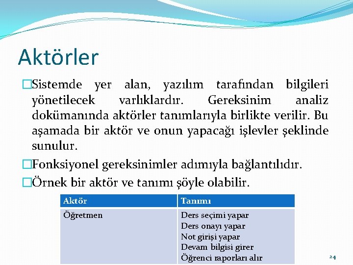 Aktörler �Sistemde yer alan, yazılım tarafından bilgileri yönetilecek varlıklardır. Gereksinim analiz dokümanında aktörler tanımlarıyla