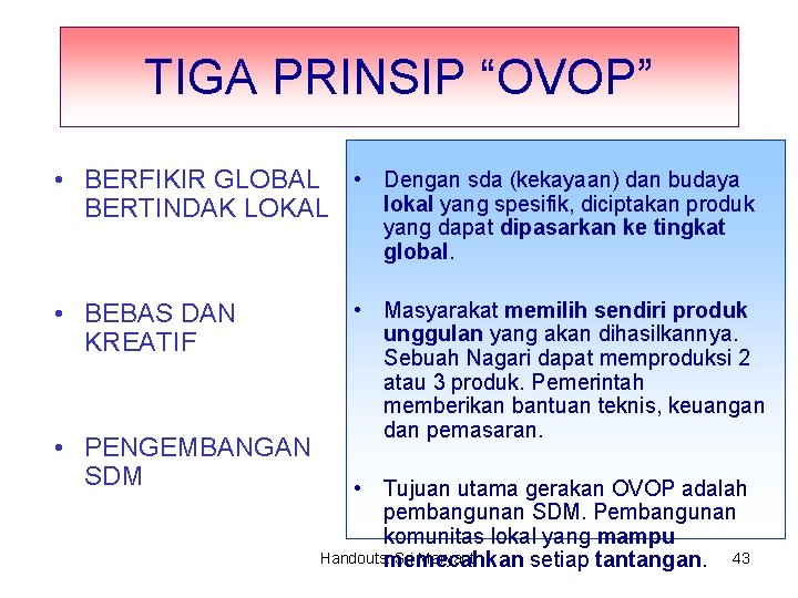 TIGA PRINSIP “OVOP” • BERFIKIR GLOBAL • Dengan sda (kekayaan) dan budaya lokal yang