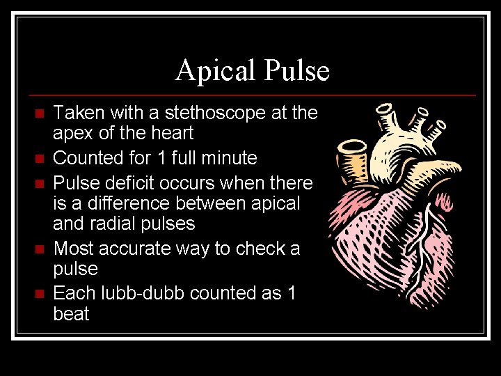 Apical Pulse n n n Taken with a stethoscope at the apex of the