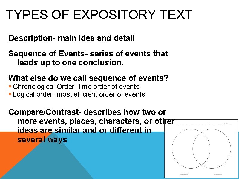 TYPES OF EXPOSITORY TEXT Description- main idea and detail Sequence of Events- series of