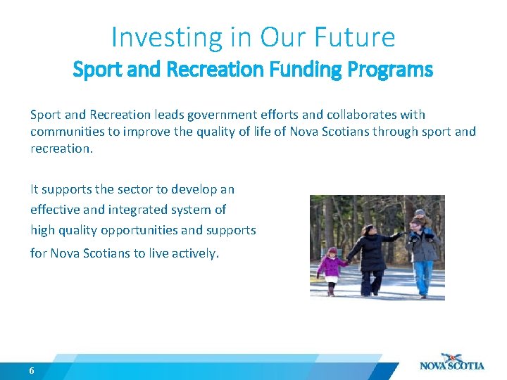 Investing in Our Future Sport and Recreation Funding Programs Sport and Recreation leads government