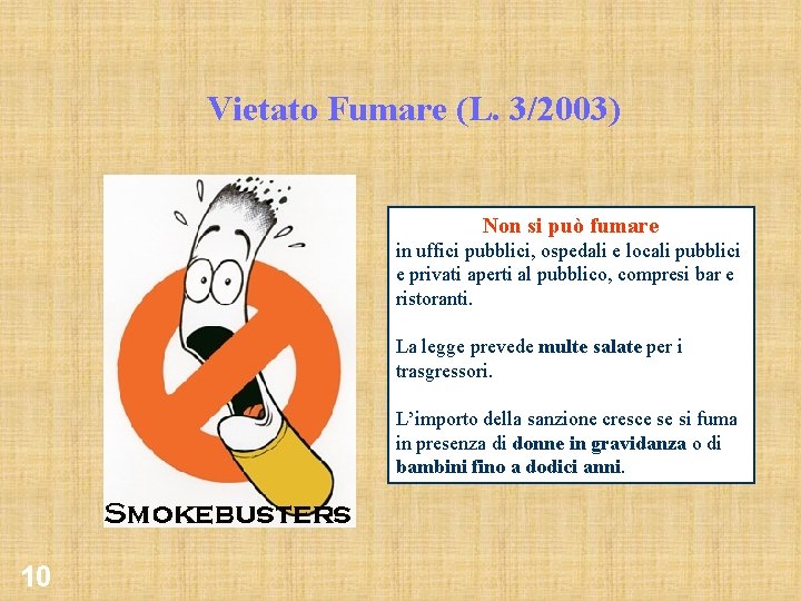 Vietato Fumare (L. 3/2003) Non si può fumare in uffici pubblici, ospedali e locali