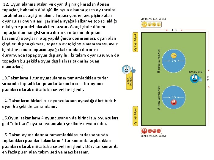  12. Oyun alanına atılan ve oyun dışına çıkmadan dönen topaçlar, hakemin düdüğü ile