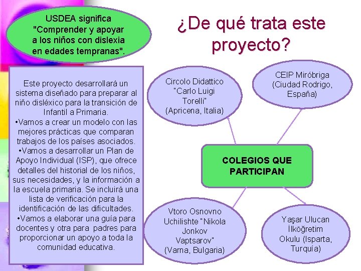 USDEA significa "Comprender y apoyar a los niños con dislexia en edades tempranas". Este