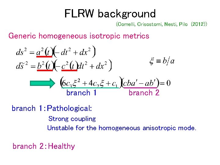 FLRW background (Comelli, Crisostomi, Nesti, Pilo (2012)) Generic homogeneous isotropic metrics branch 1 branch