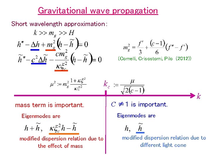 Gravitational wave propagation Short wavelength approximation： (Comelli, Crisostomi, Pilo (2012)) kc mass term is