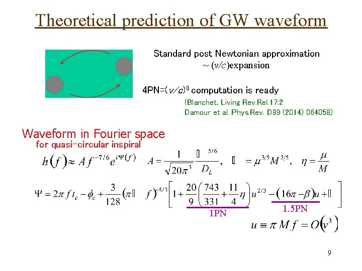 Theoretical prediction of GW waveform Standard post Newtonian approximation ~ (v/c)expansion 4 PN=(v/c)8 computation