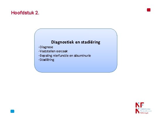 Hoofdstuk 2. Diagnostiek en stadiëring -Diagnose -Vaststellen oorzaak -Bepaling nierfunctie en albuminurie -Stadiëring 