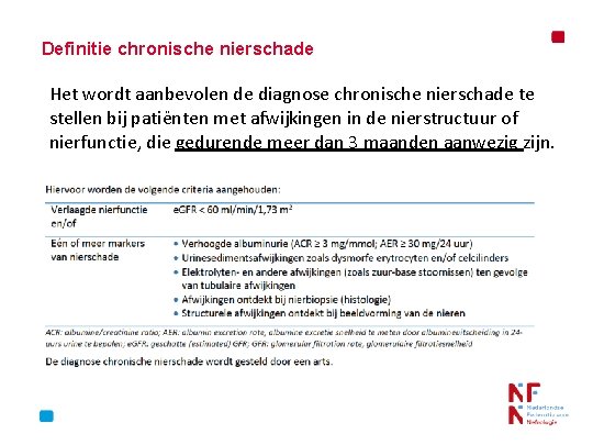 Definitie chronische nierschade Het wordt aanbevolen de diagnose chronische nierschade te stellen bij patiënten