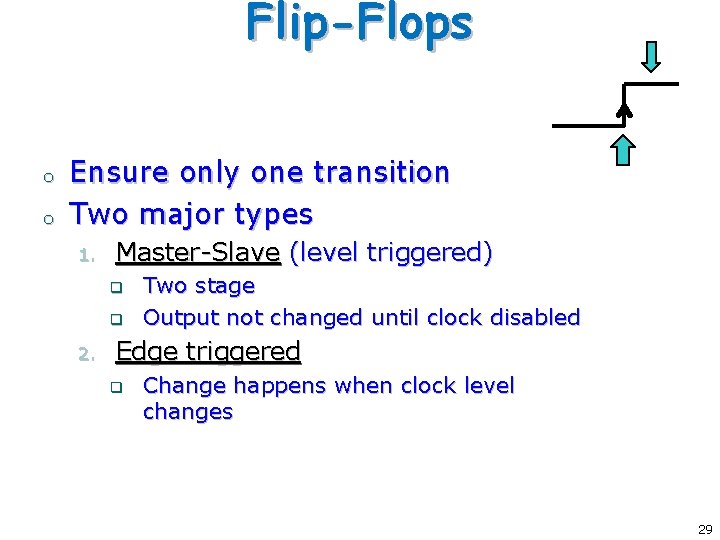 Flip-Flops o o Ensure only one transition Two major types 1. Master-Slave (level triggered) Flip-Flops o o Ensure only one transition Two major types 1. Master-Slave (level triggered)