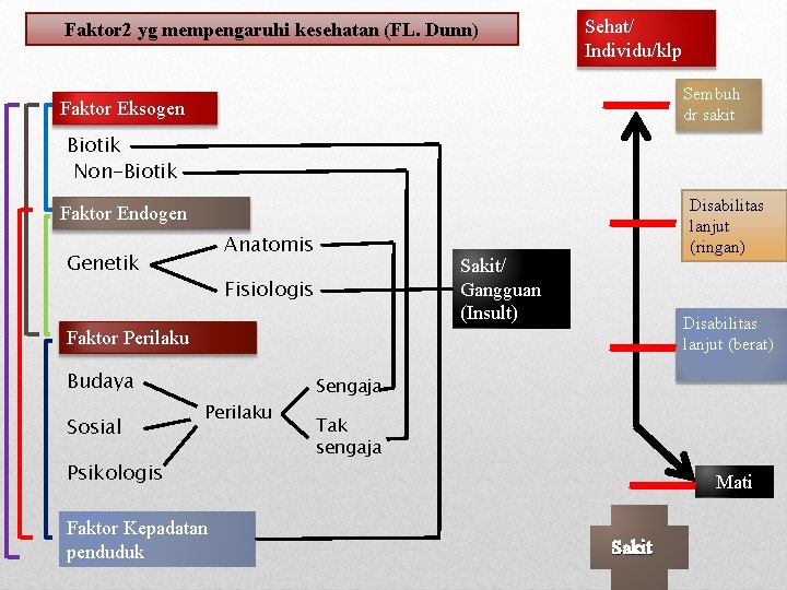 Faktor 2 yg mempengaruhi kesehatan (FL. Dunn) Sehat/ Individu/klp Sembuh dr sakit Faktor Eksogen