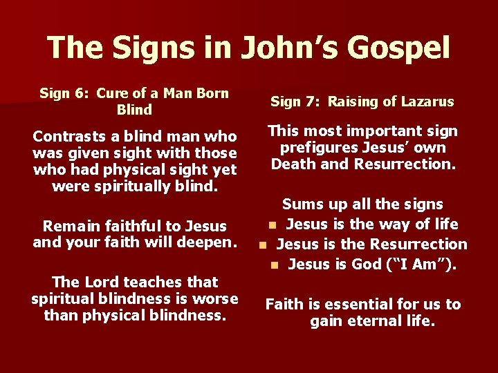 The Signs in John’s Gospel Sign 6: Cure of a Man Born Blind Contrasts