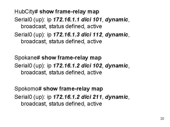 Hub. City# show frame-relay map Serial 0 (up): ip 172. 16. 1. 1 dlci