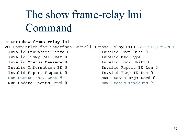The show frame-relay lmi Command Router#show frame-relay lmi LMI Statistics for interface Serial 1