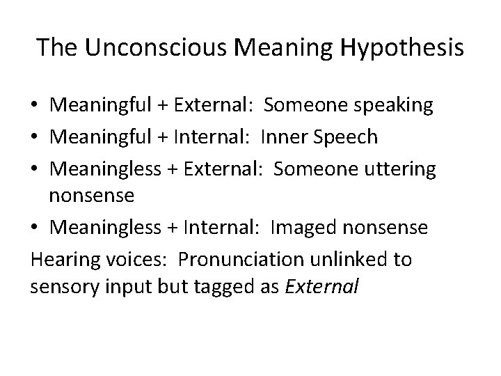 The Unconscious Meaning Hypothesis • Meaningful + External: Someone speaking • Meaningful + Internal: