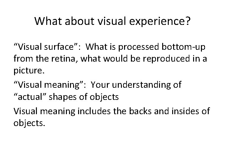 What about visual experience? “Visual surface”: What is processed bottom-up from the retina, what