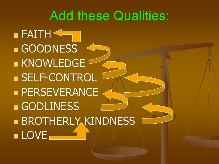 Add these Qualities: FAITH n GOODNESS n KNOWLEDGE n SELF-CONTROL n PERSEVERANCE n GODLINESS