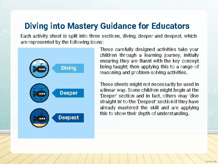 Diving into Mastery Guidance for Educators Each activity sheet is split into three sections,