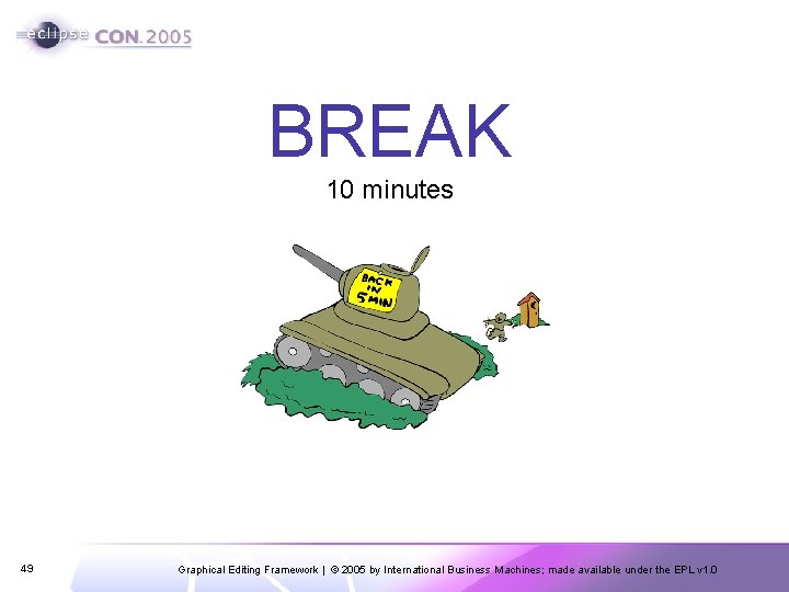 BREAK 10 minutes 49 Graphical Editing Framework | © 2005 by International Business Machines;