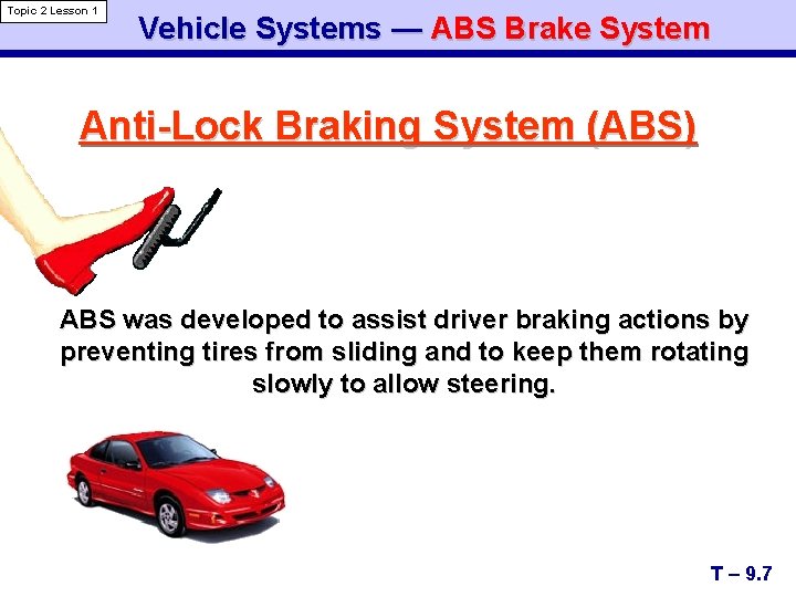 Topic 2 Lesson 1 Vehicle Systems — ABS Brake System Anti-Lock Braking System (ABS)