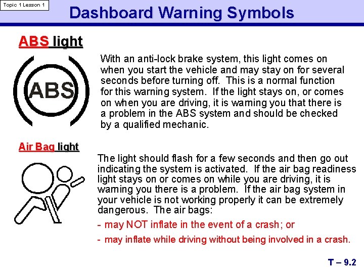 Topic 1 Lesson 1 Dashboard Warning Symbols ABS light With an anti-lock brake system,