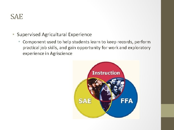 SAE • Supervised Agricultural Experience • Component used to help students learn to keep