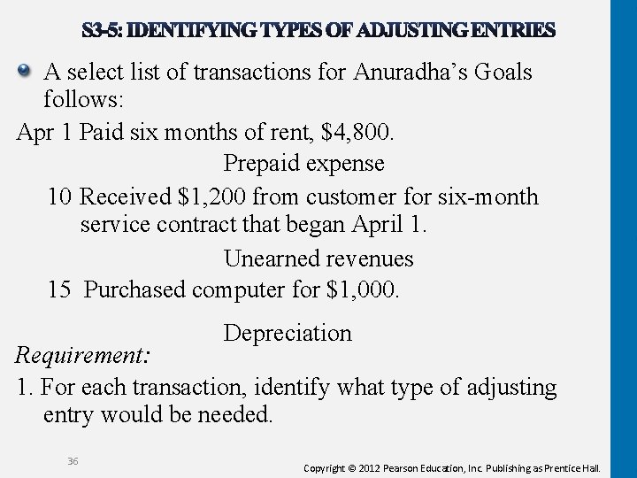 A select list of transactions for Anuradha’s Goals follows: Apr 1 Paid six months A select list of transactions for Anuradha’s Goals follows: Apr 1 Paid six months