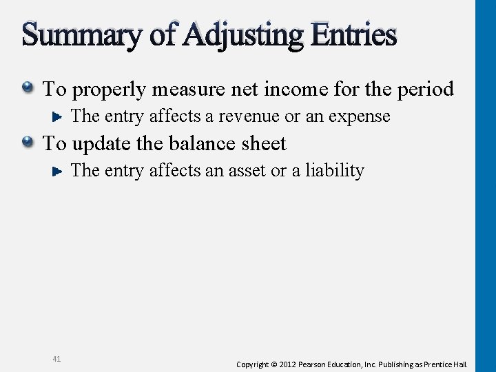 Summary of Adjusting Entries To properly measure net income for the period The entry Summary of Adjusting Entries To properly measure net income for the period The entry