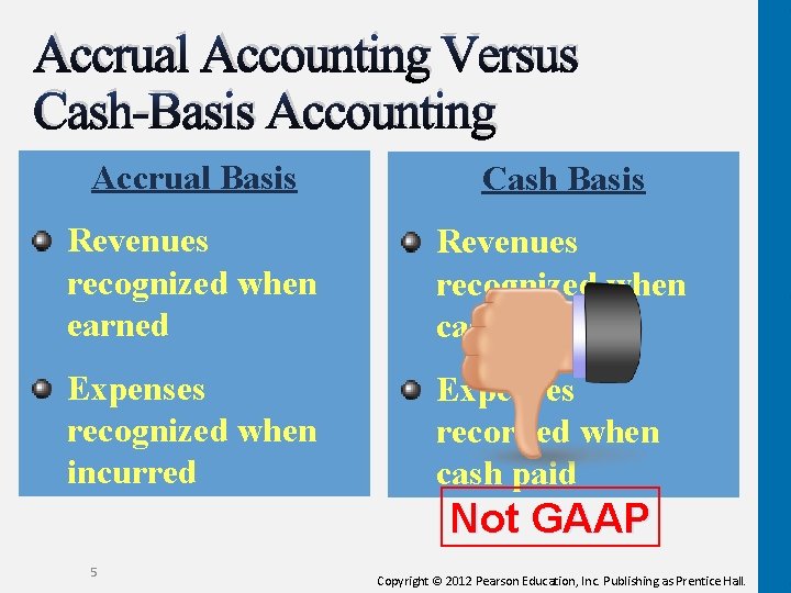 Accrual Accounting Versus Cash-Basis Accounting Accrual Basis Cash Basis Revenues recognized when earned Revenues Accrual Accounting Versus Cash-Basis Accounting Accrual Basis Cash Basis Revenues recognized when earned Revenues