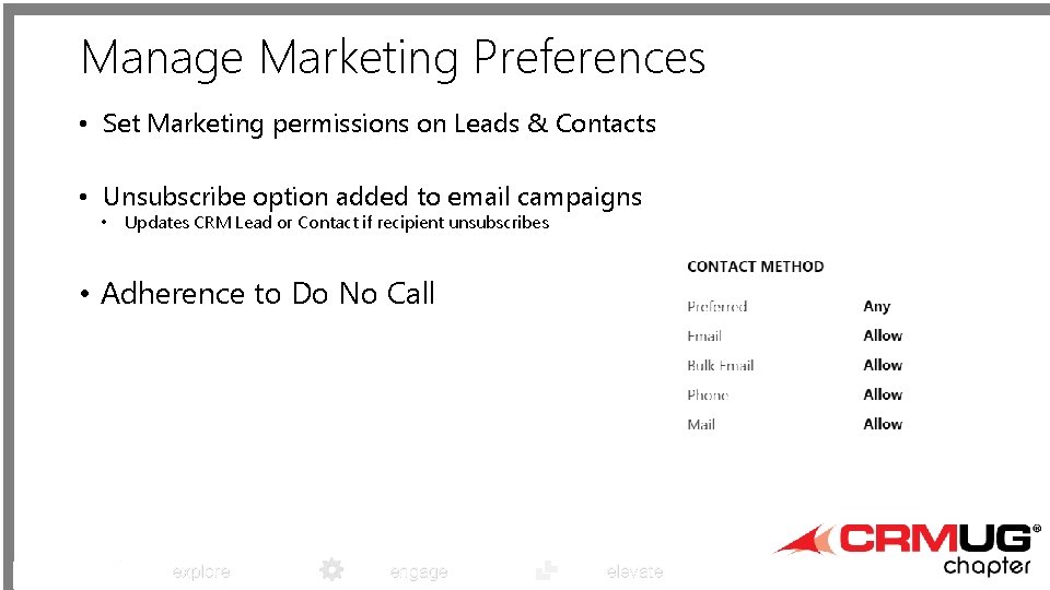 Manage Marketing Preferences • Set Marketing permissions on Leads & Contacts • Unsubscribe option