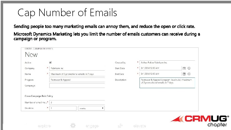 Cap Number of Emails explore engage elevate 