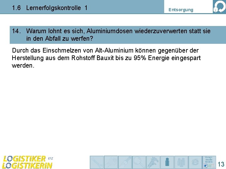 1. 6 Lernerfolgskontrolle 1 Entsorgung 14. Warum lohnt es sich, Aluminiumdosen wiederzuverwerten statt sie