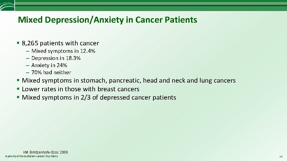Mixed Depression/Anxiety in Cancer Patients § 8, 265 patients with cancer – – Mixed