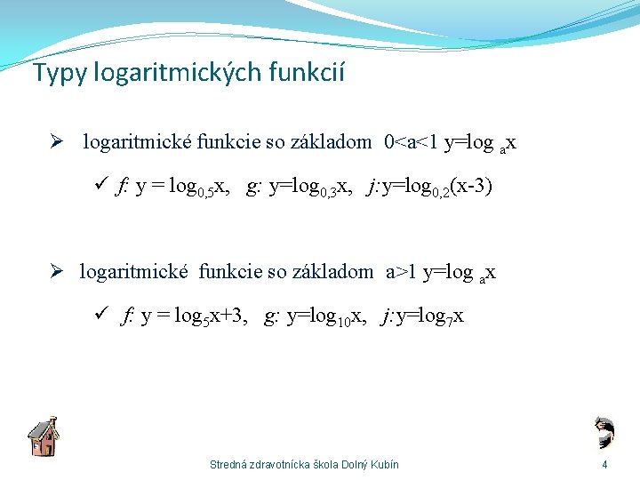Typy logaritmických funkcií Ø logaritmické funkcie so základom 0<a<1 y=log ax ü f: y