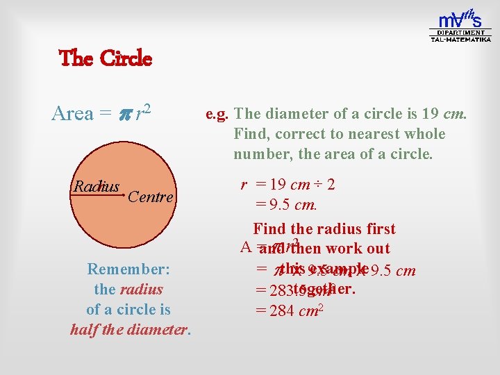 The Circle Area = p r 2 Radius r Centre Remember: the radius of